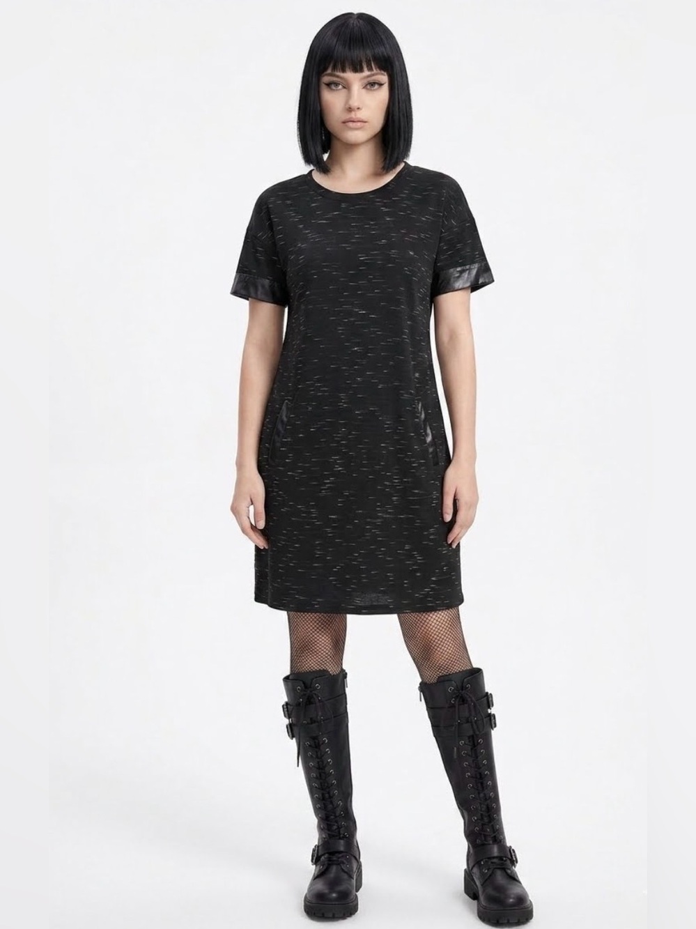 Banana Republic Black Marled Short Sleeve Shift Dress Faux Leather Cuff Pockets